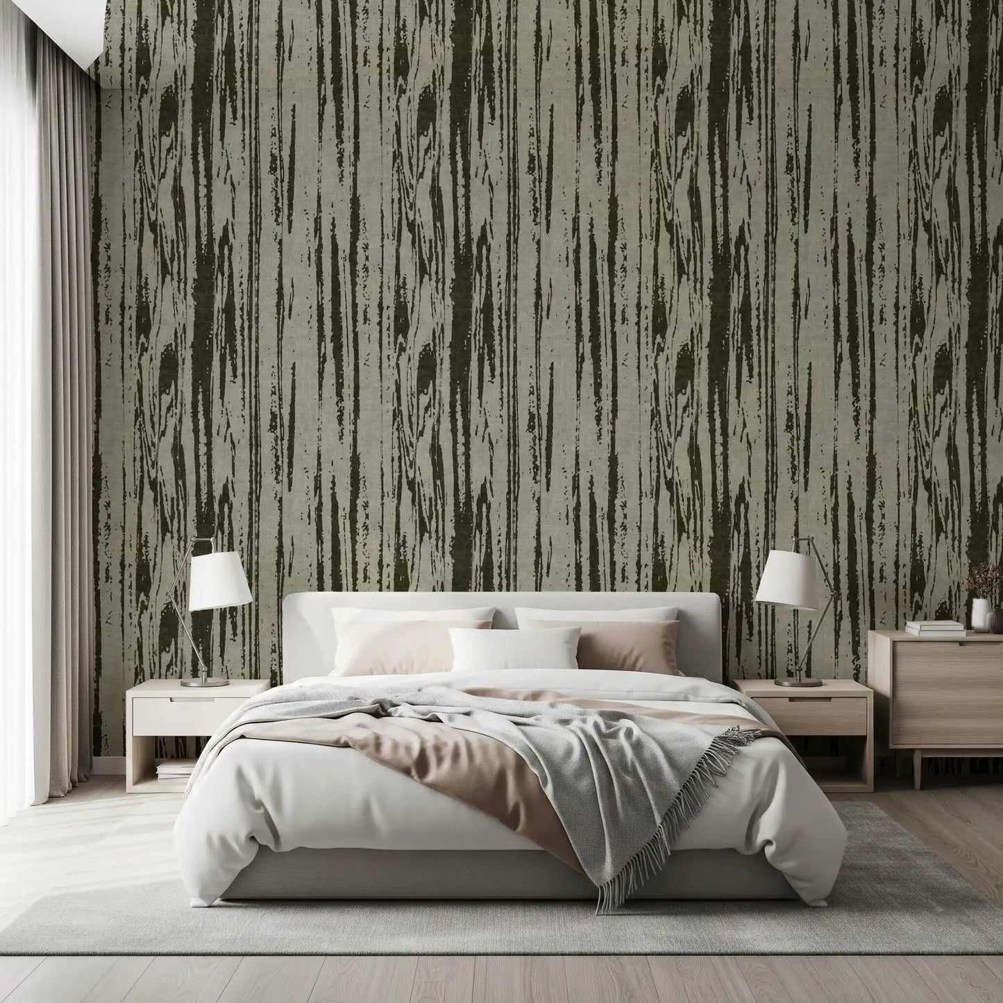 Bedroom with green woodgrain wallpaper and abstract organic line texture