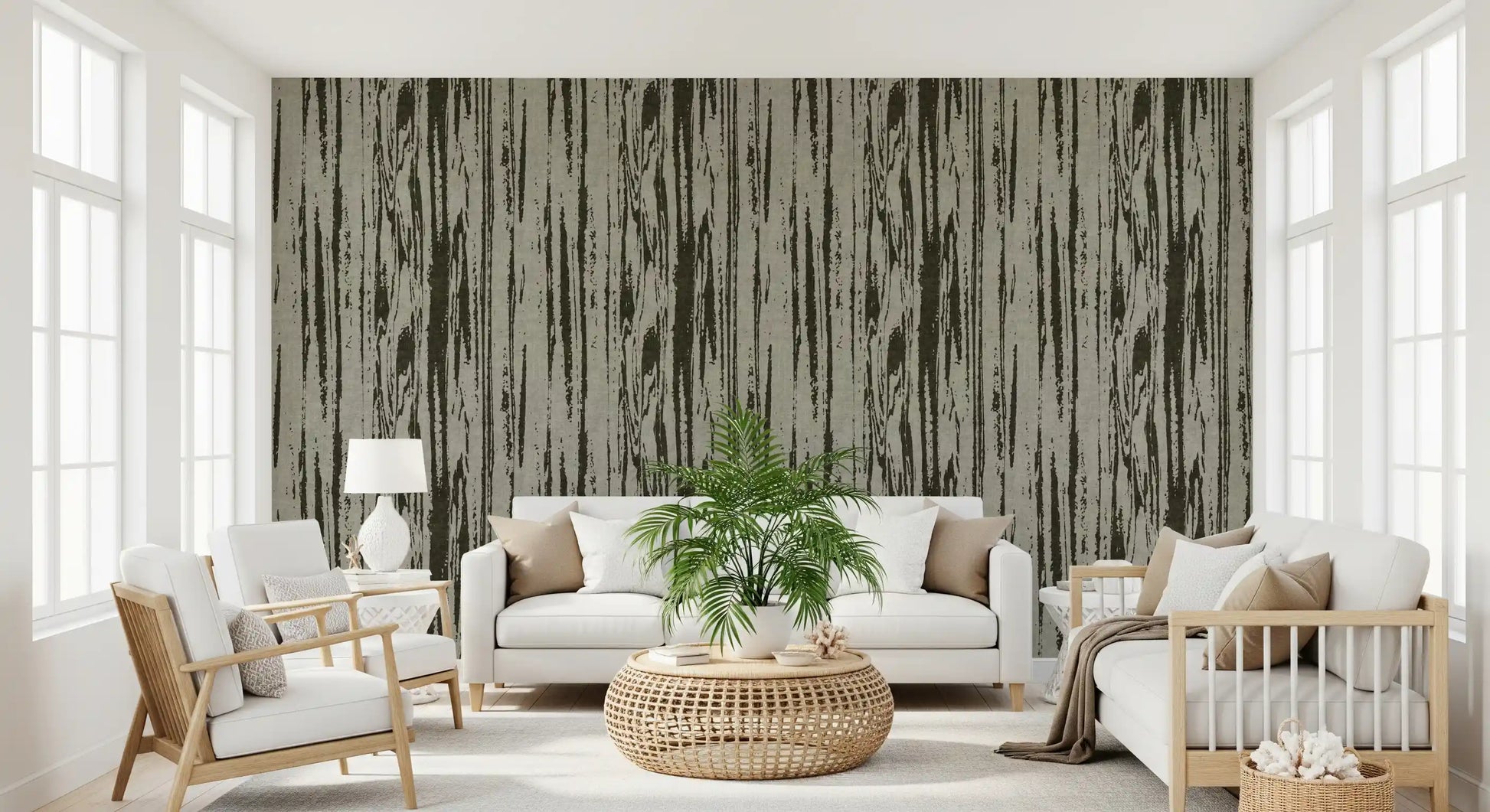 Hallway styled in abstract woodgrain wallpaper with muted green grain detail