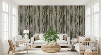 Hallway styled in abstract woodgrain wallpaper with muted green grain detail