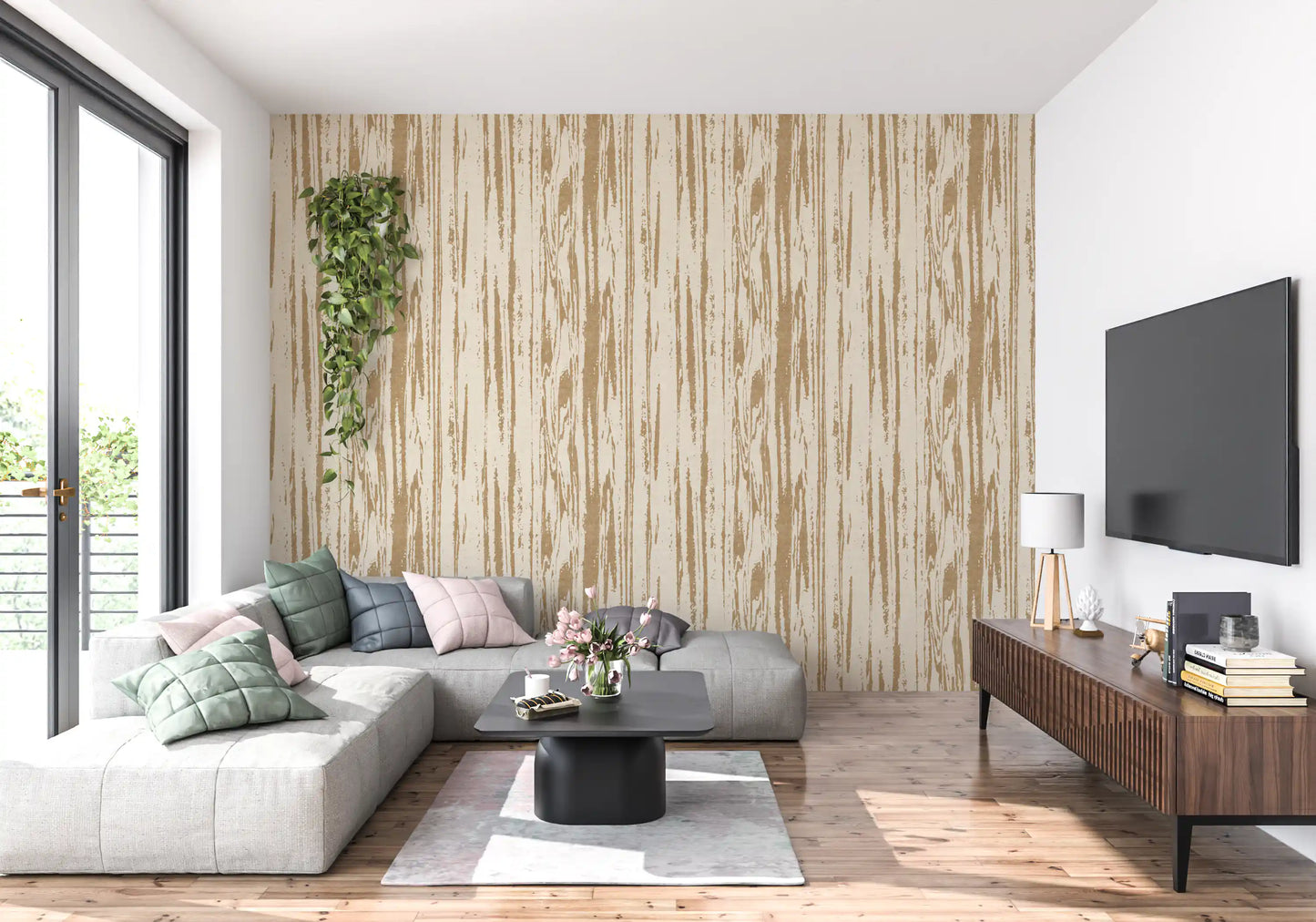 Hallway featuring Birch Beige Wallpaper with modern organic grain detail
