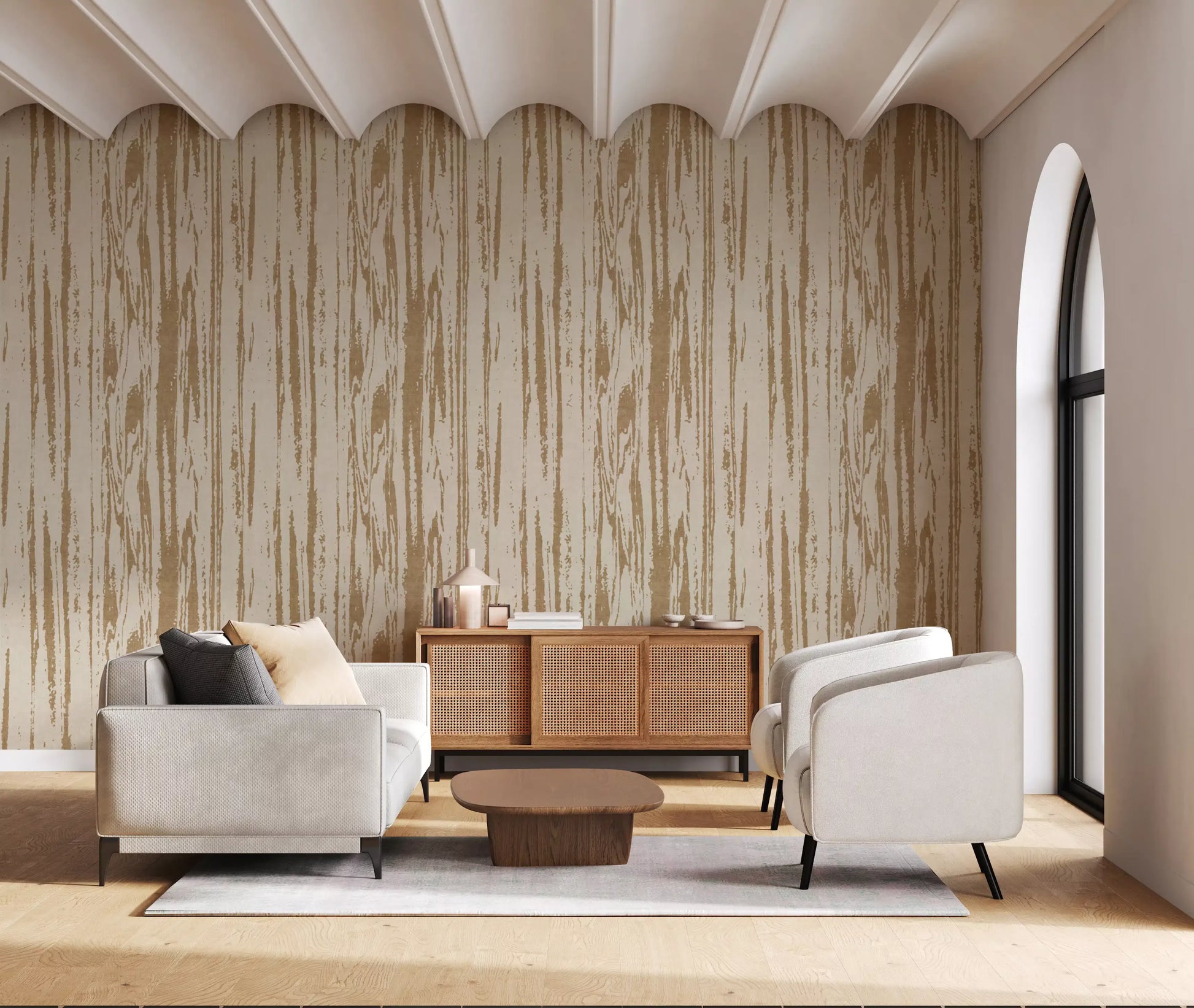 Office Home finished with modern woodgrain wallpaper and birch beige texture