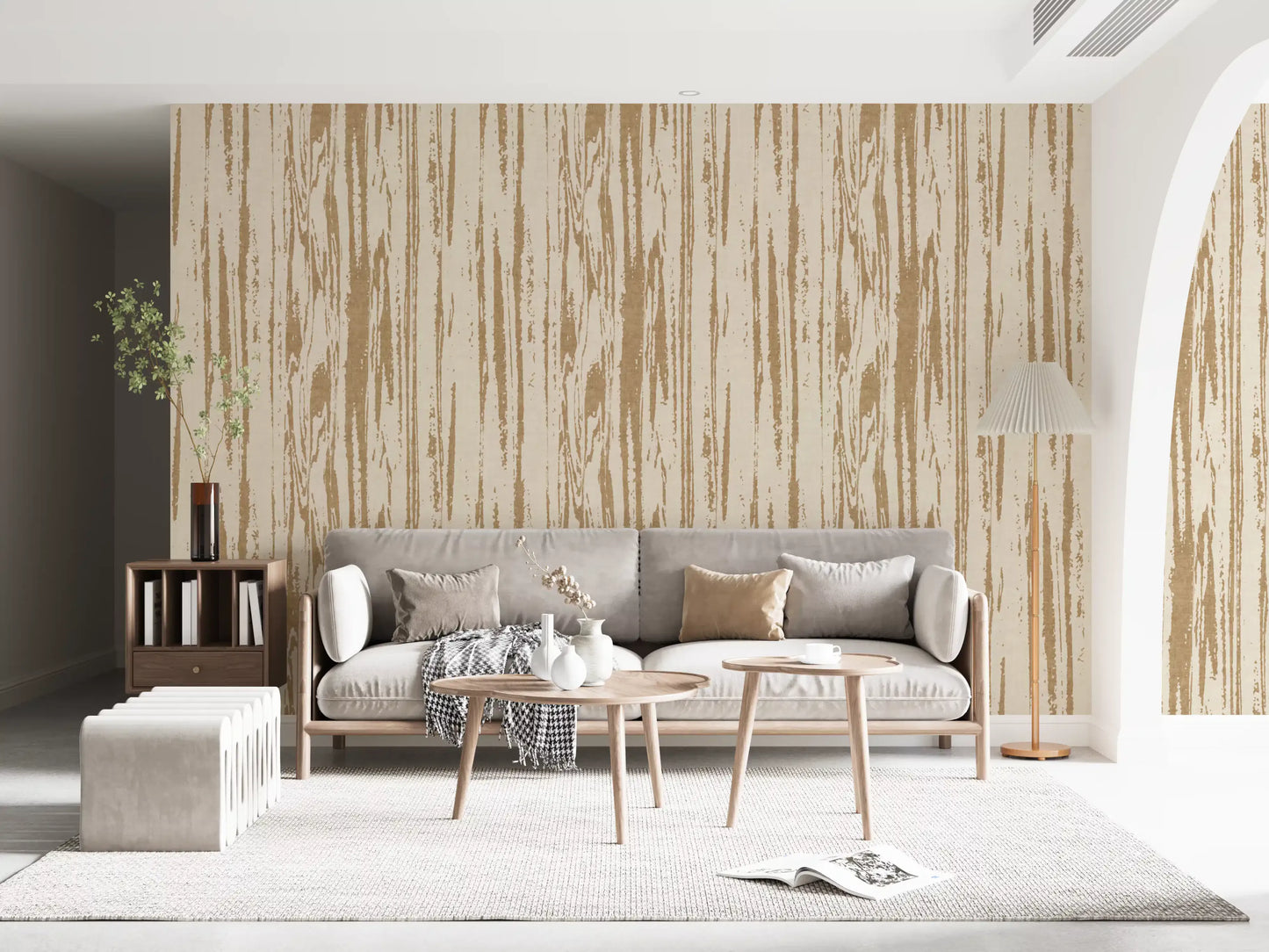 Living room with Birch Beige Woodgrain Wallpaper and organic vertical lines