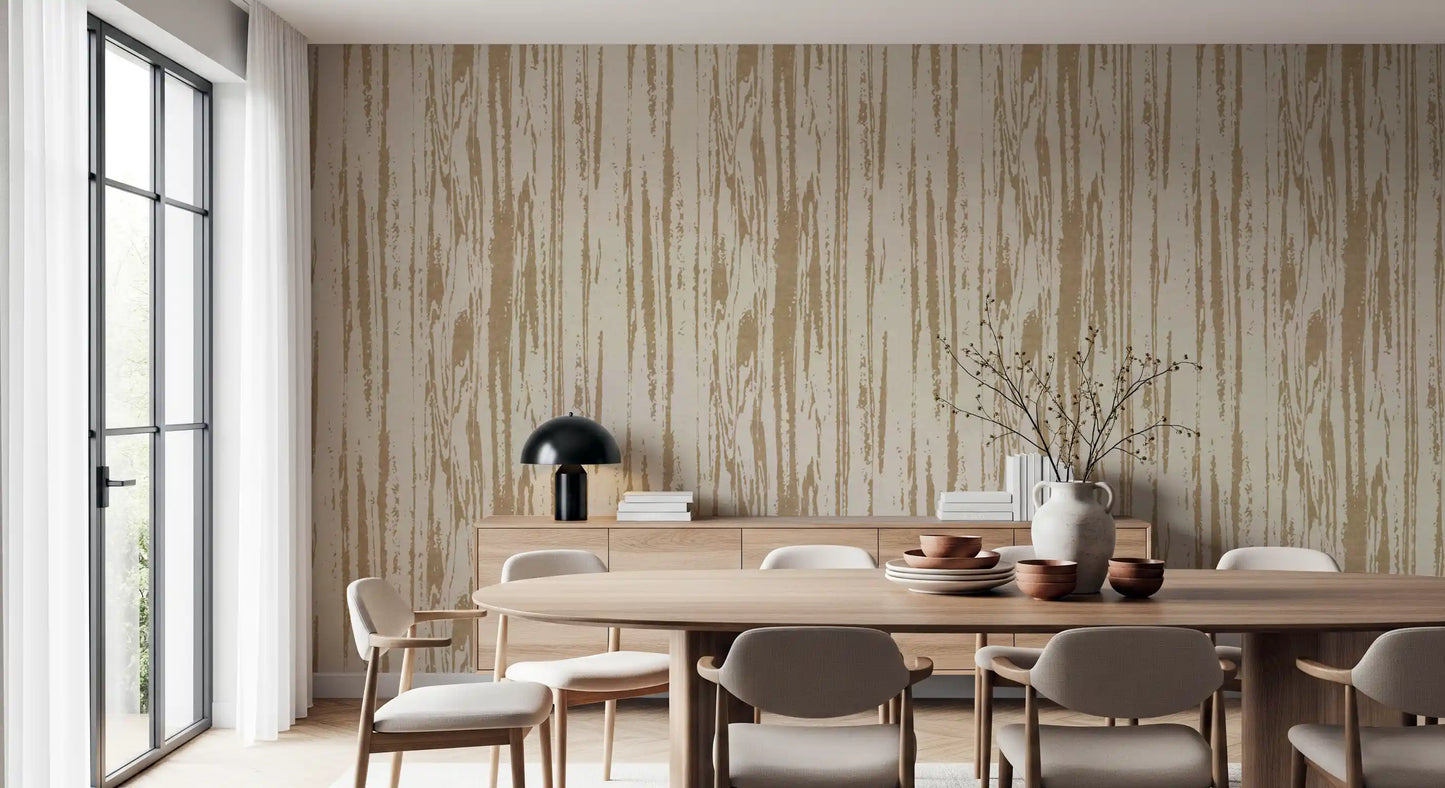Bedroom styled in abstract woodgrain wallpaper with warm birch beige texture