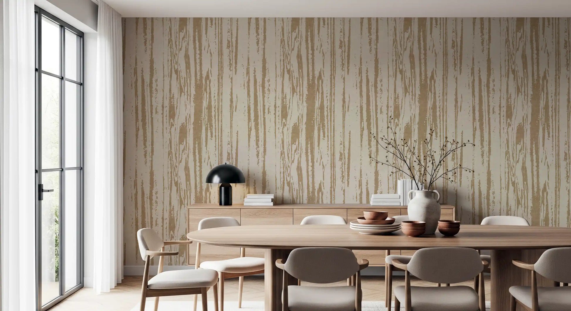 Bedroom styled in abstract woodgrain wallpaper with warm birch beige texture