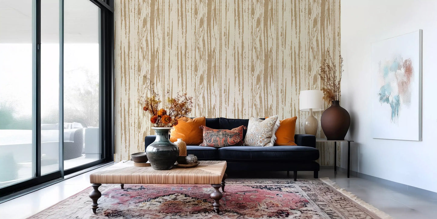 Home using woodgrain organic lines wallpaper in soft beige tones