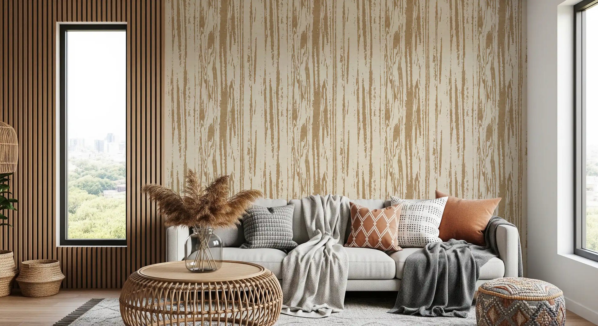 Birch beige wallpaper showing abstract woodgrain lines on a neutral base