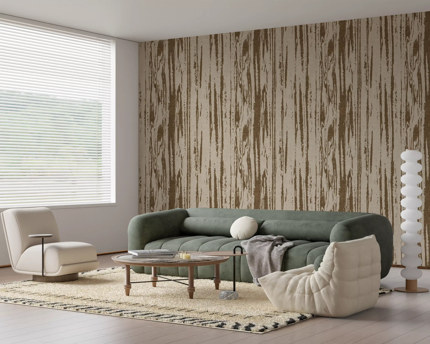 Living room with Oak Brown Woodgrain Wallpaper and abstract organic lines