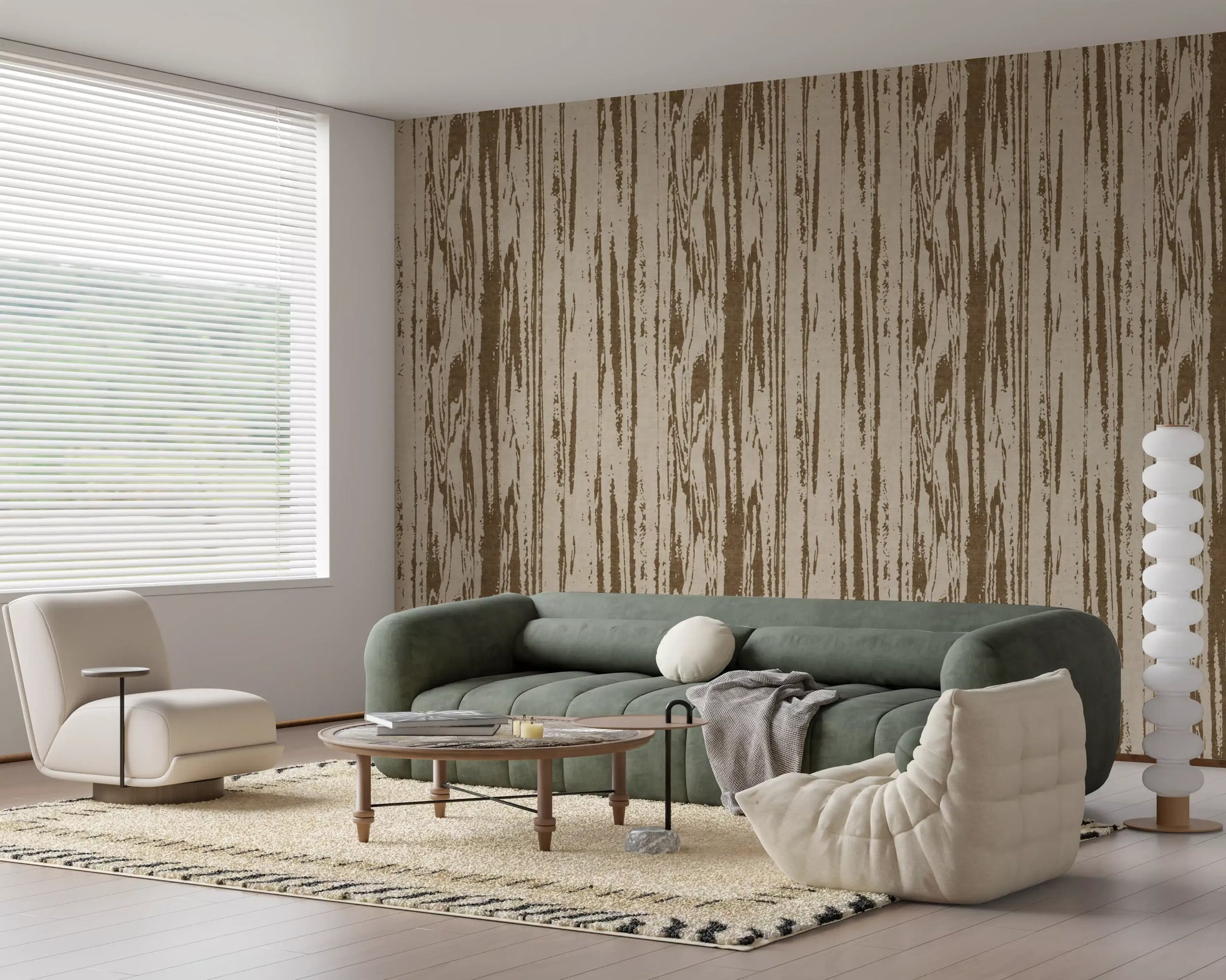 Living room with Oak Brown Woodgrain Wallpaper and abstract organic lines