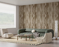 Living room with Oak Brown Woodgrain Wallpaper and abstract organic lines