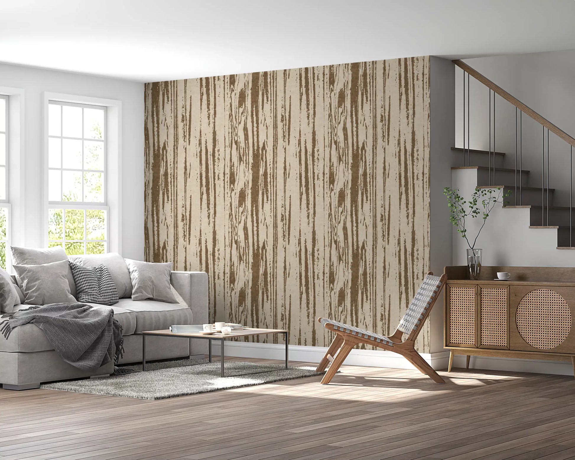 Hallway featuring organic lines wallpaper with beige and brown grain detail