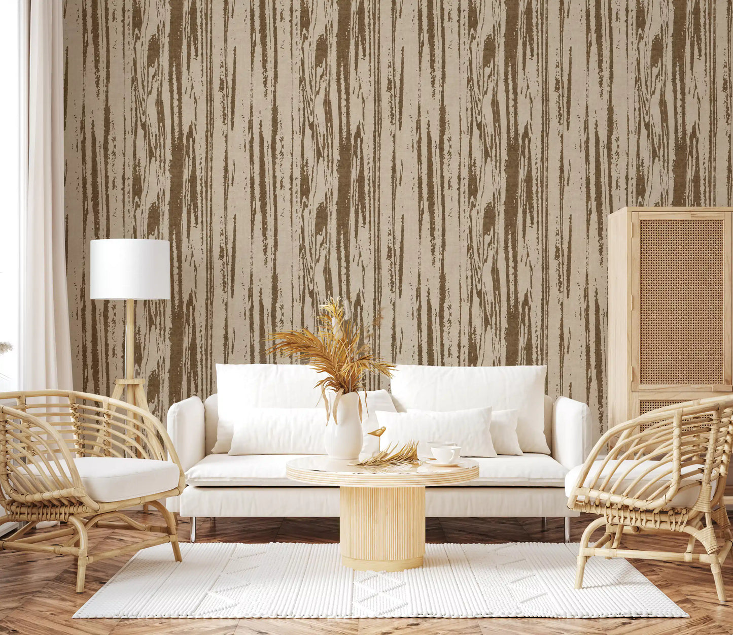 Warm brown markings create this abstract line wallpaper with timber detail