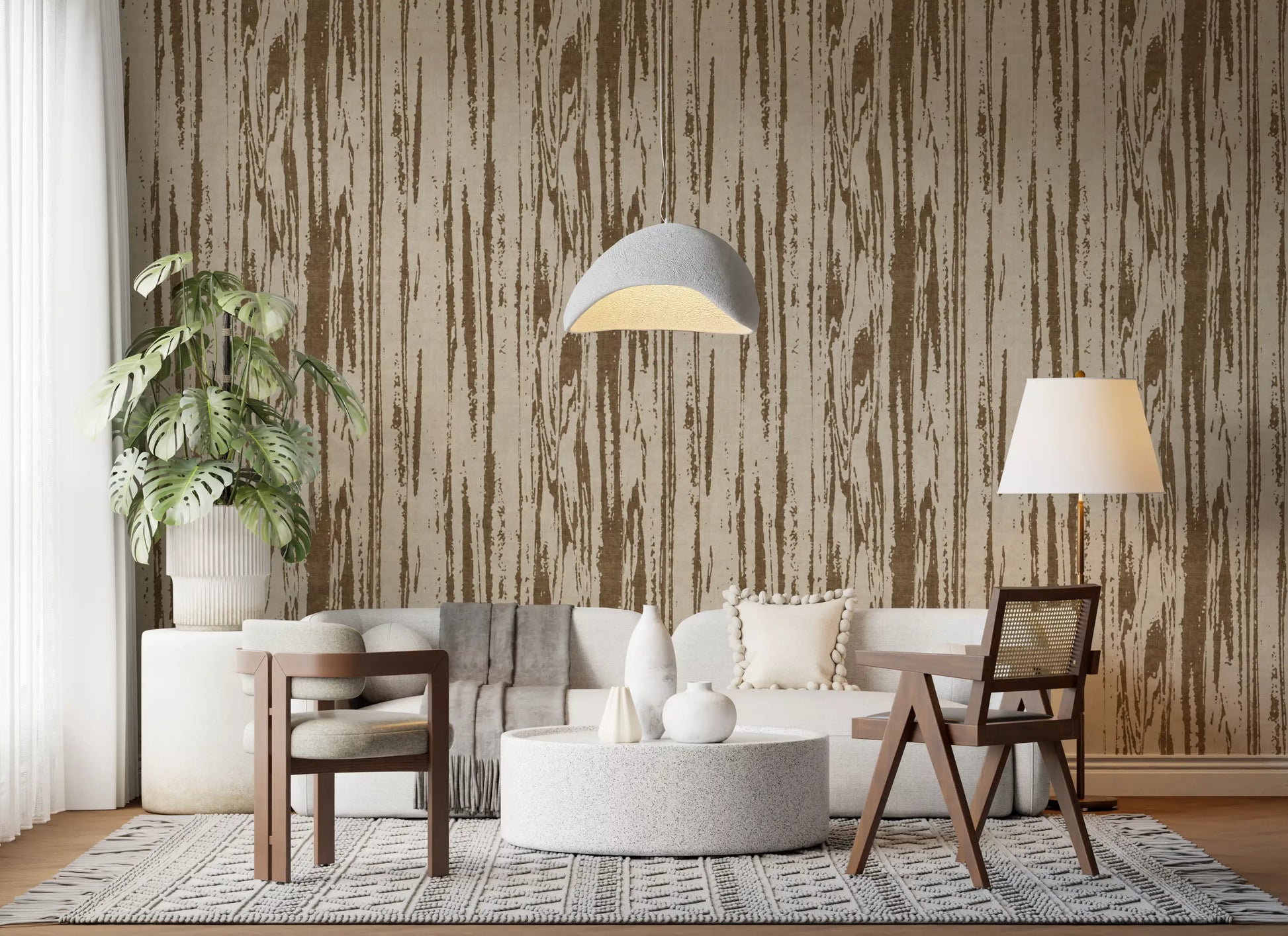 Organic woodgrain wallpaper with beige background and oak-style texture