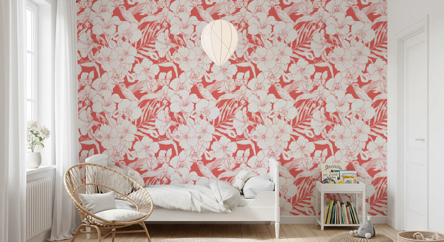 Kids room Summer Botanical Garden wallpaper with Hummingbird and Tropical Florals sketching
