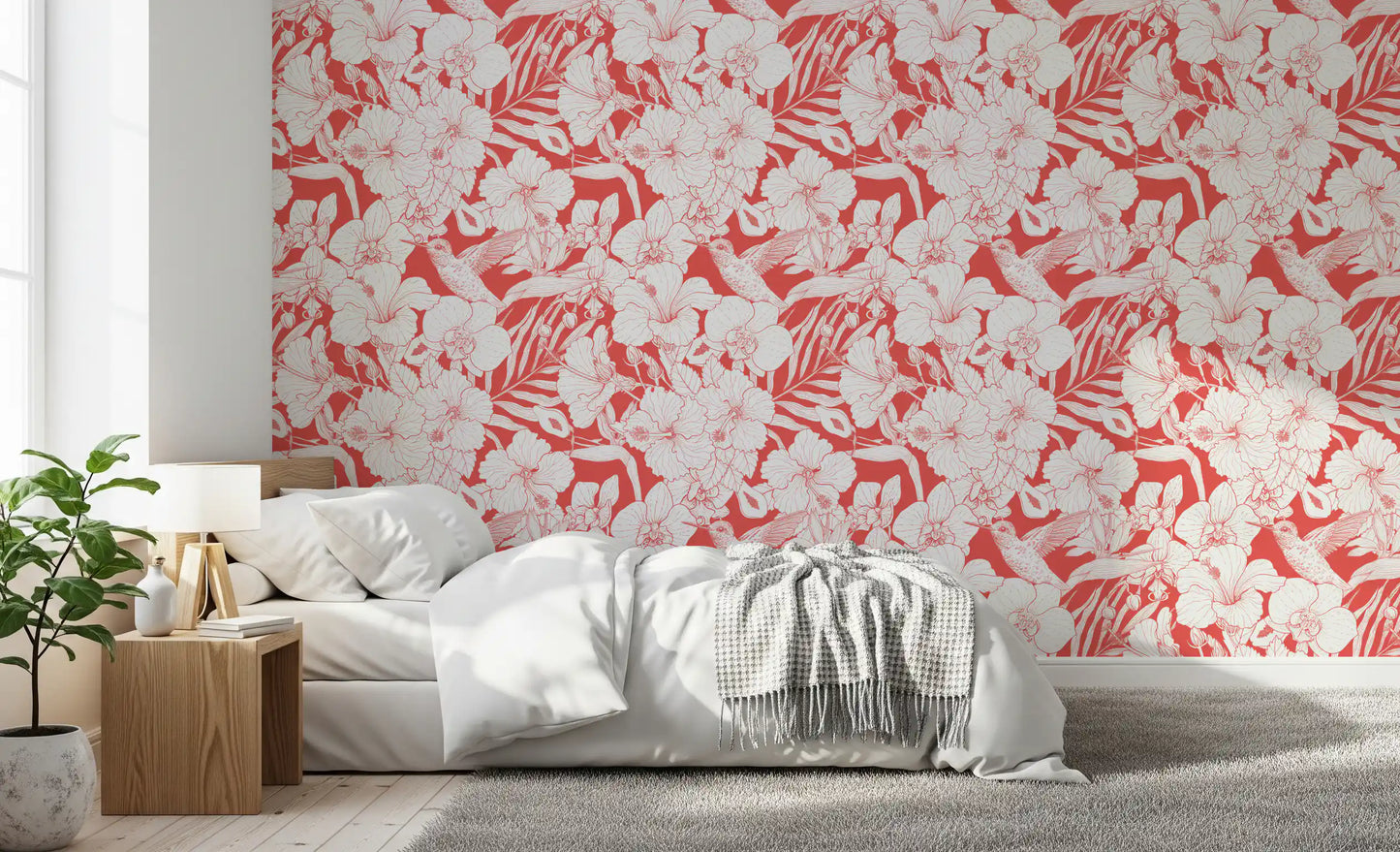 Coral Botanical Garden wallpaper with Tropical Florals and delicate Hummingbird artwork
