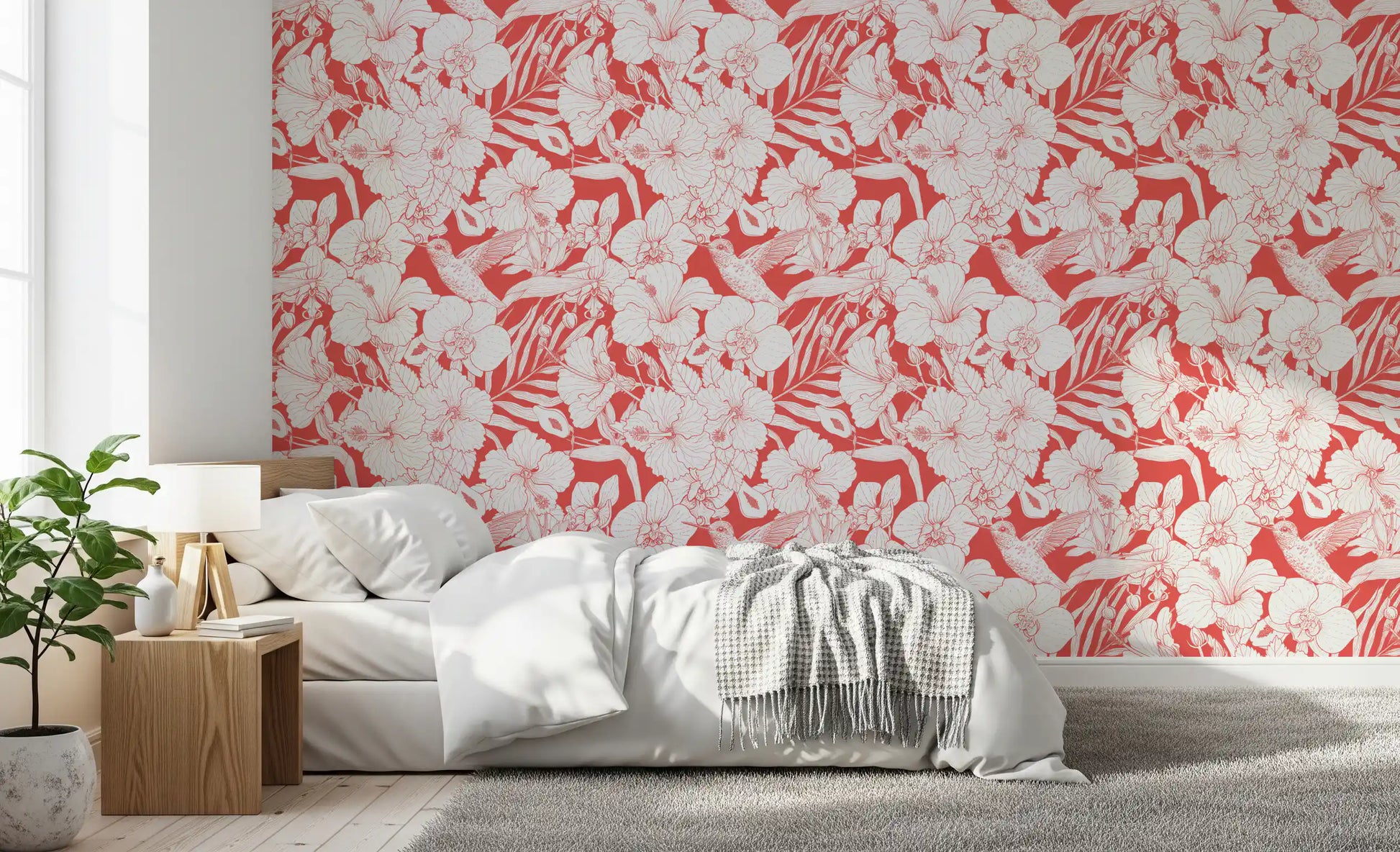 Coral Botanical Garden wallpaper with Tropical Florals and delicate Hummingbird artwork