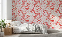 Coral Botanical Garden wallpaper with Tropical Florals and delicate Hummingbird artwork