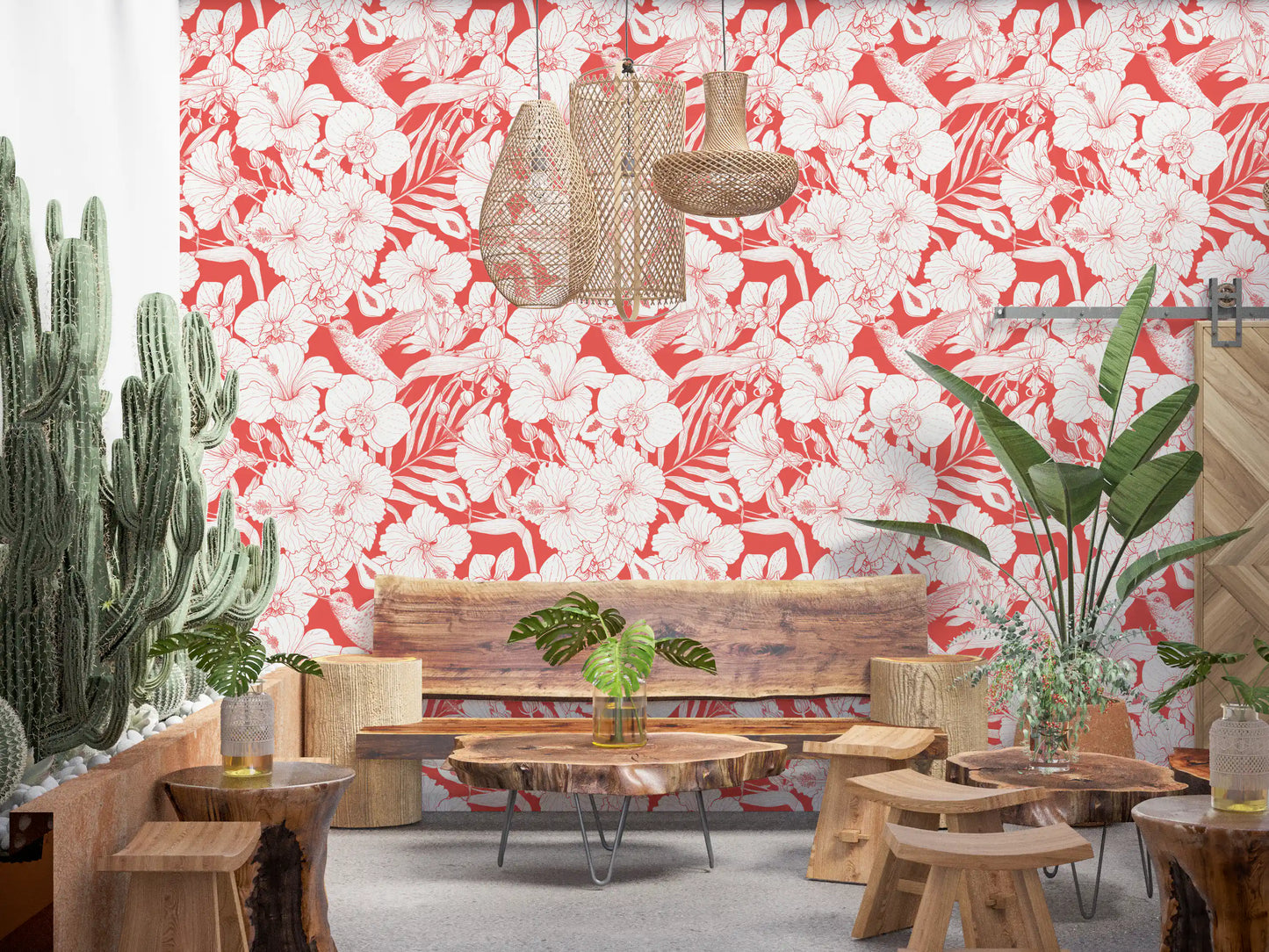 Tropical Florals wallpaper with white blooms, coral ground, and fine Hummingbird illustration