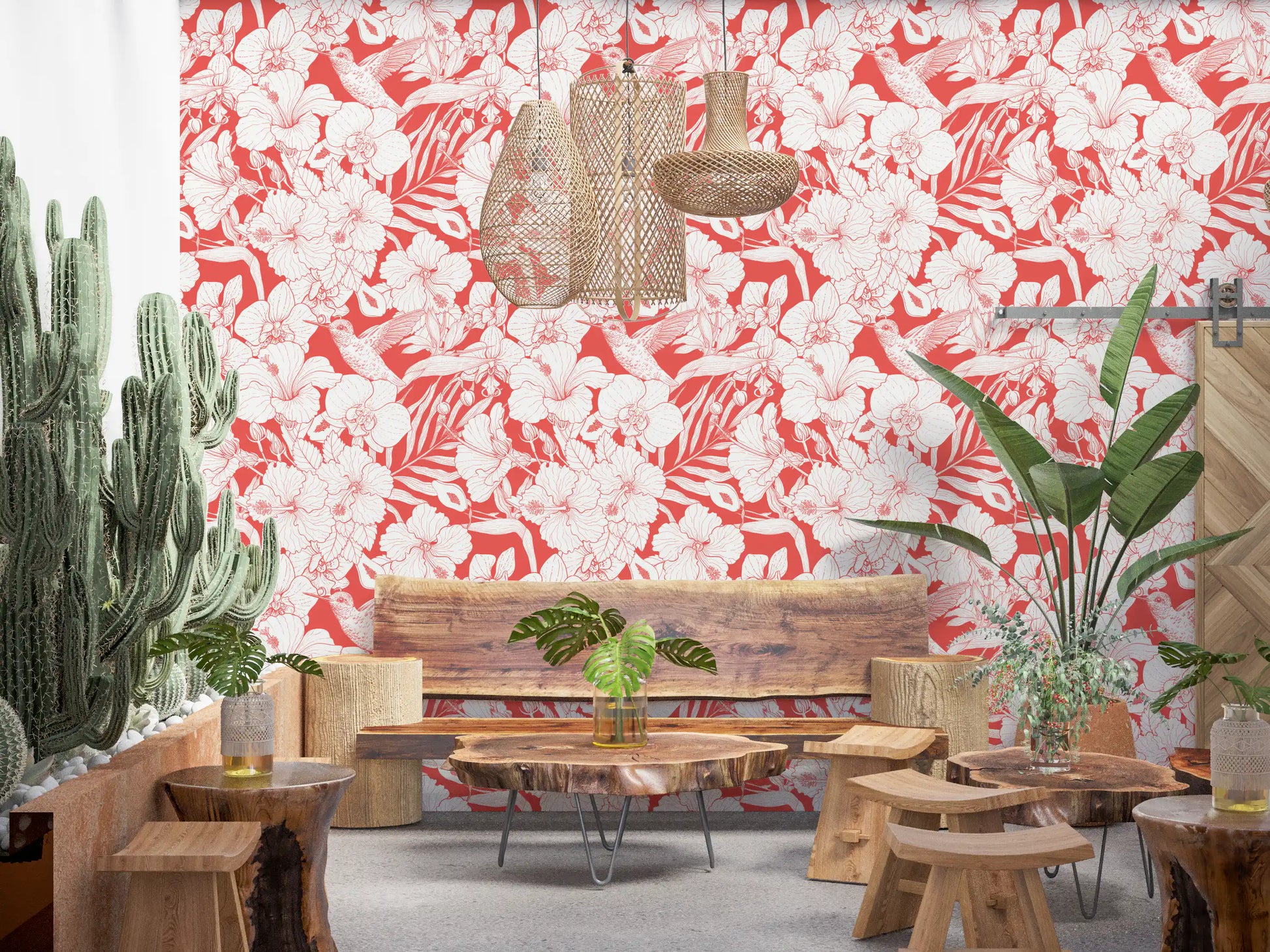 Tropical Florals wallpaper with white blooms, coral ground, and fine Hummingbird illustration