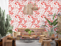 Tropical Florals wallpaper with white blooms, coral ground, and fine Hummingbird illustration