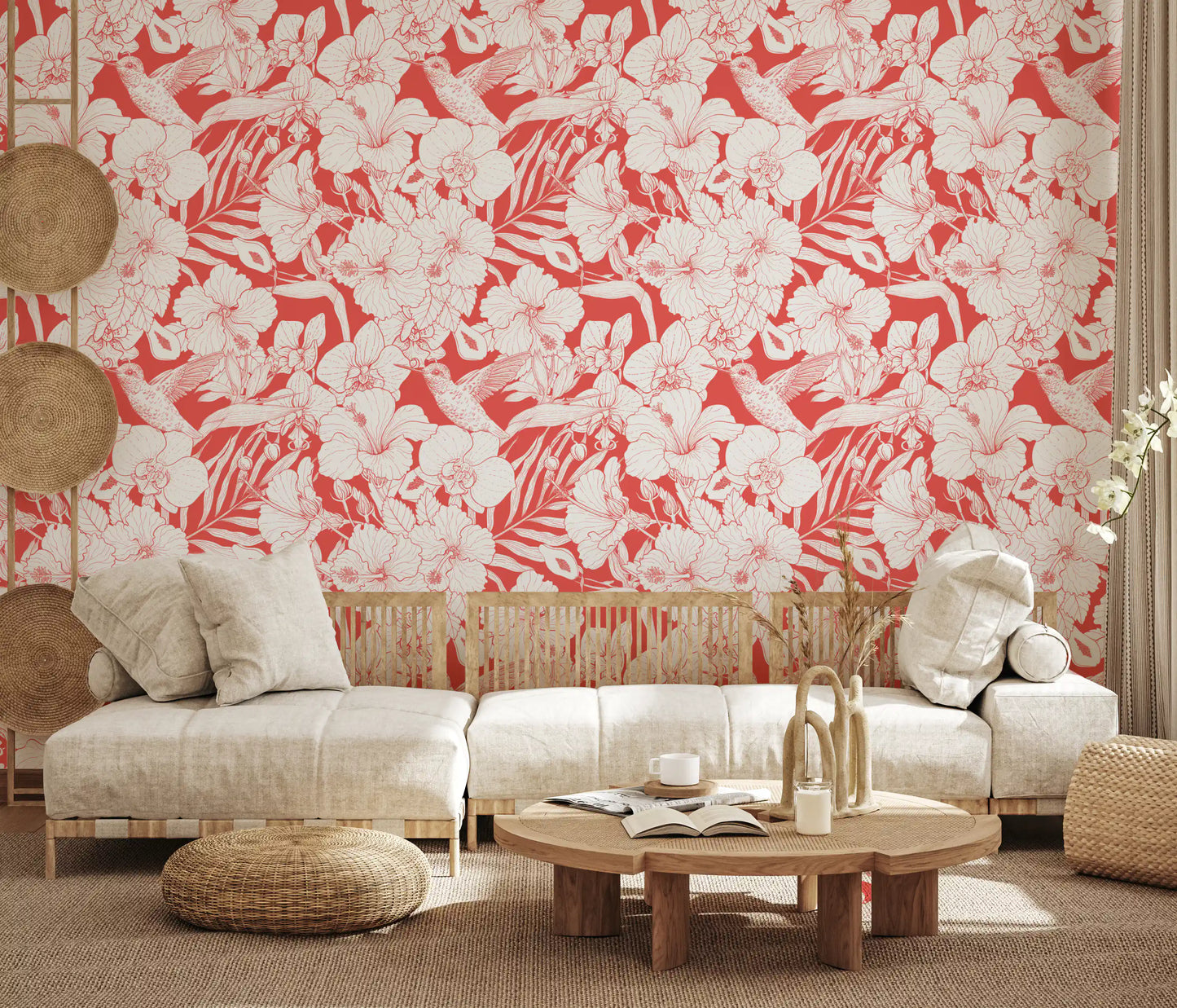 Hallway Hummingbird wallpaper with coral Tropical Florals and Botanical Garden flowers