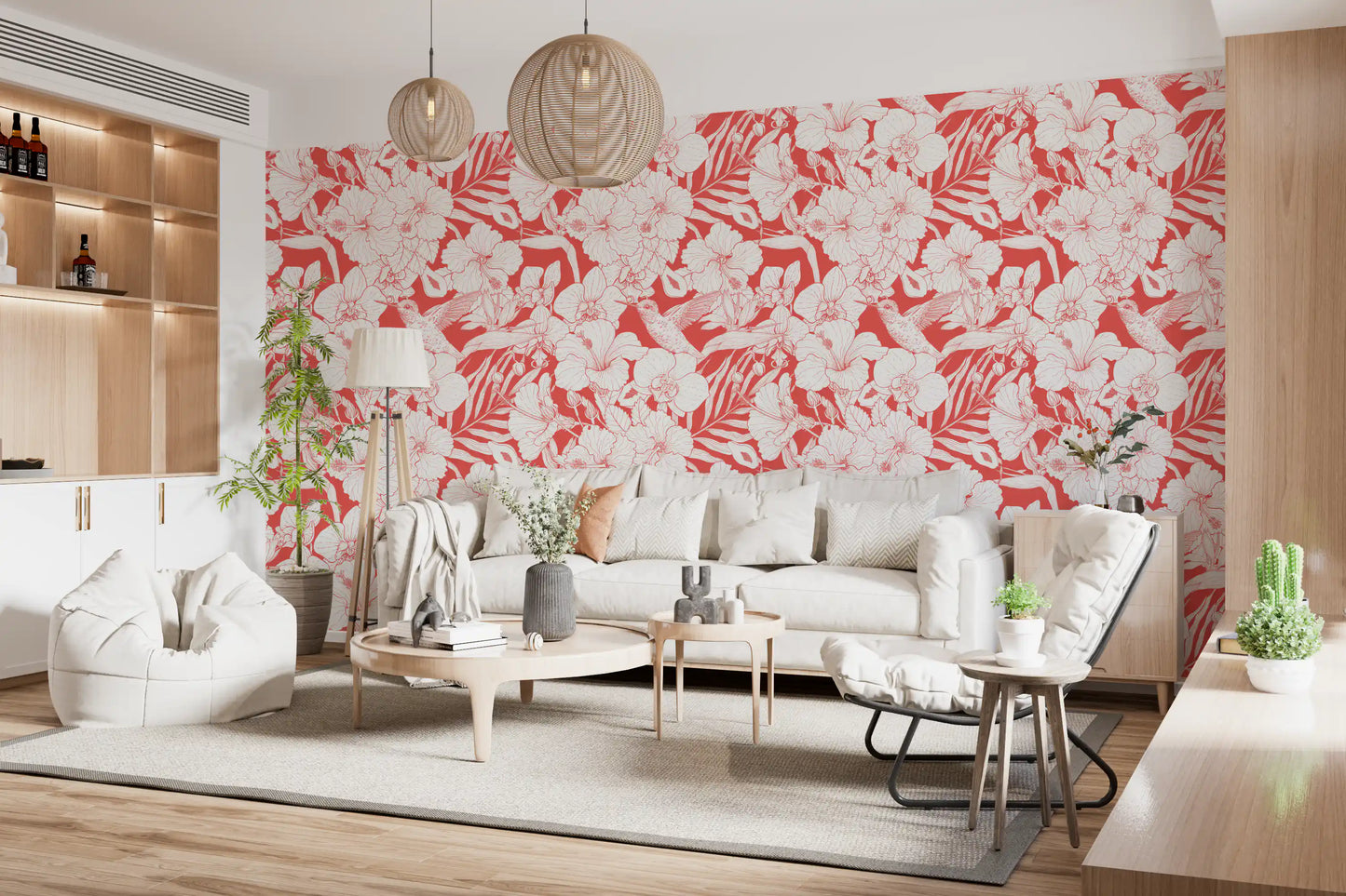 Summer Botanical wallpaper featuring orchid lines, hibiscus petals, and a Hummingbird motif