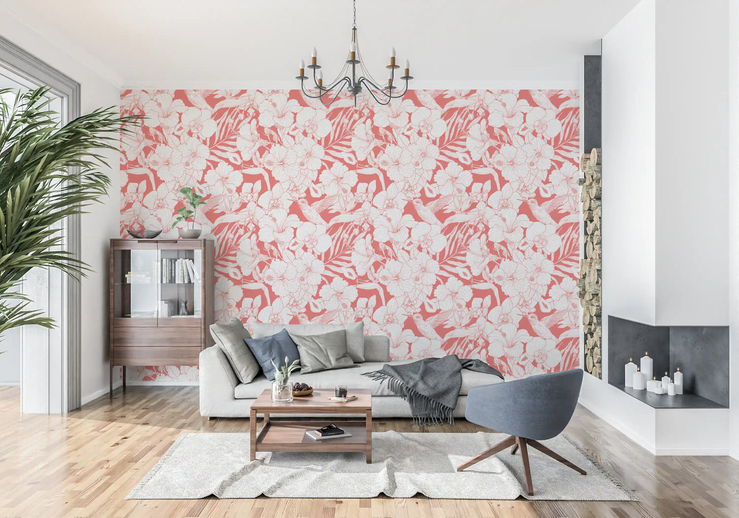 Tropical Florals and Hummingbird wallpaper with coral contrast and detailed flower drawing