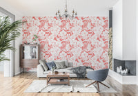 Tropical Florals and Hummingbird wallpaper with coral contrast and detailed flower drawing