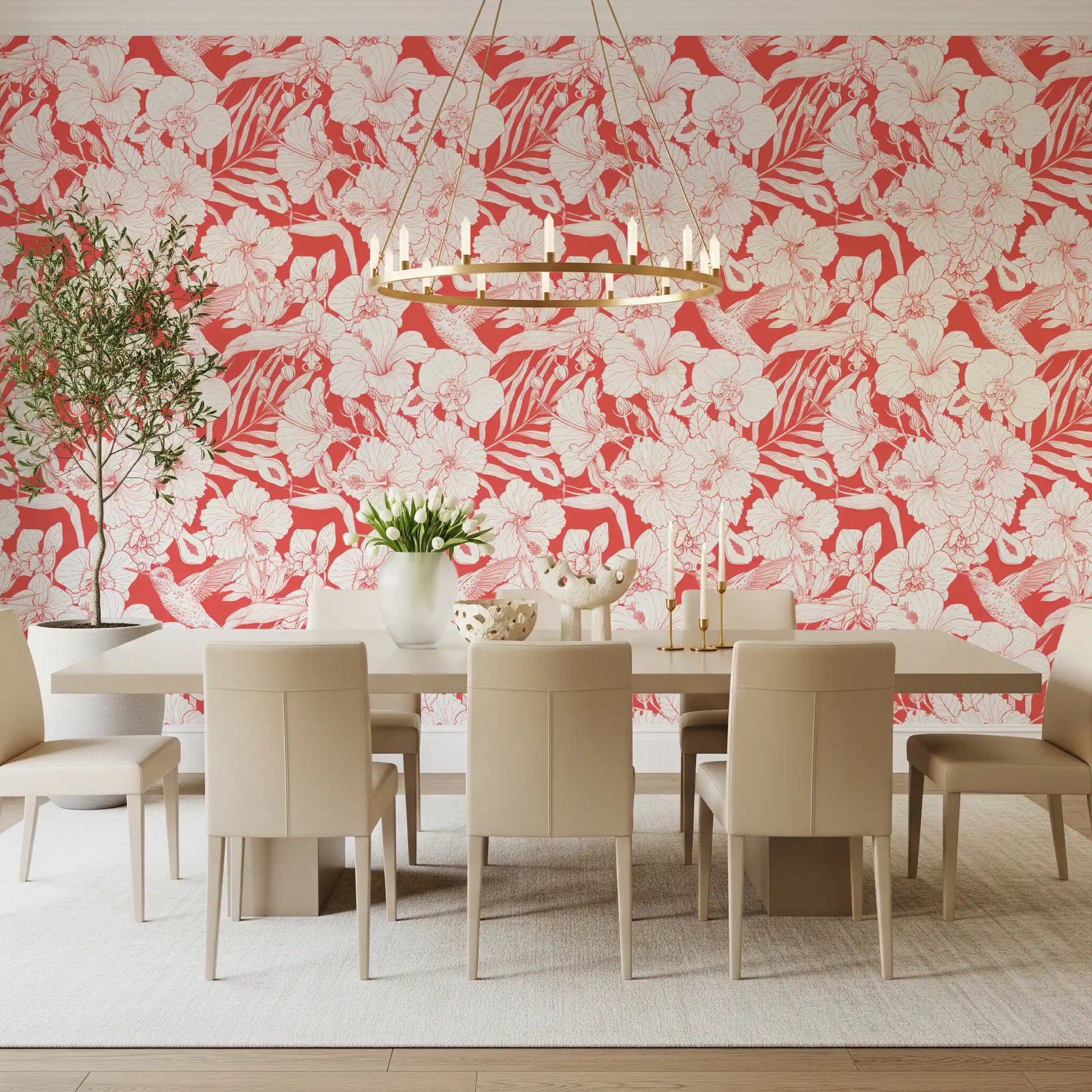 Hummingbird wallpaper showing Summer Botanical flowers in crisp white outline on coral