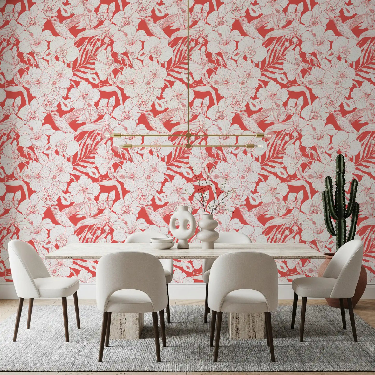 Dining room Tropical Florals wallpaper with Hummingbird and coral Summer Botanical line art