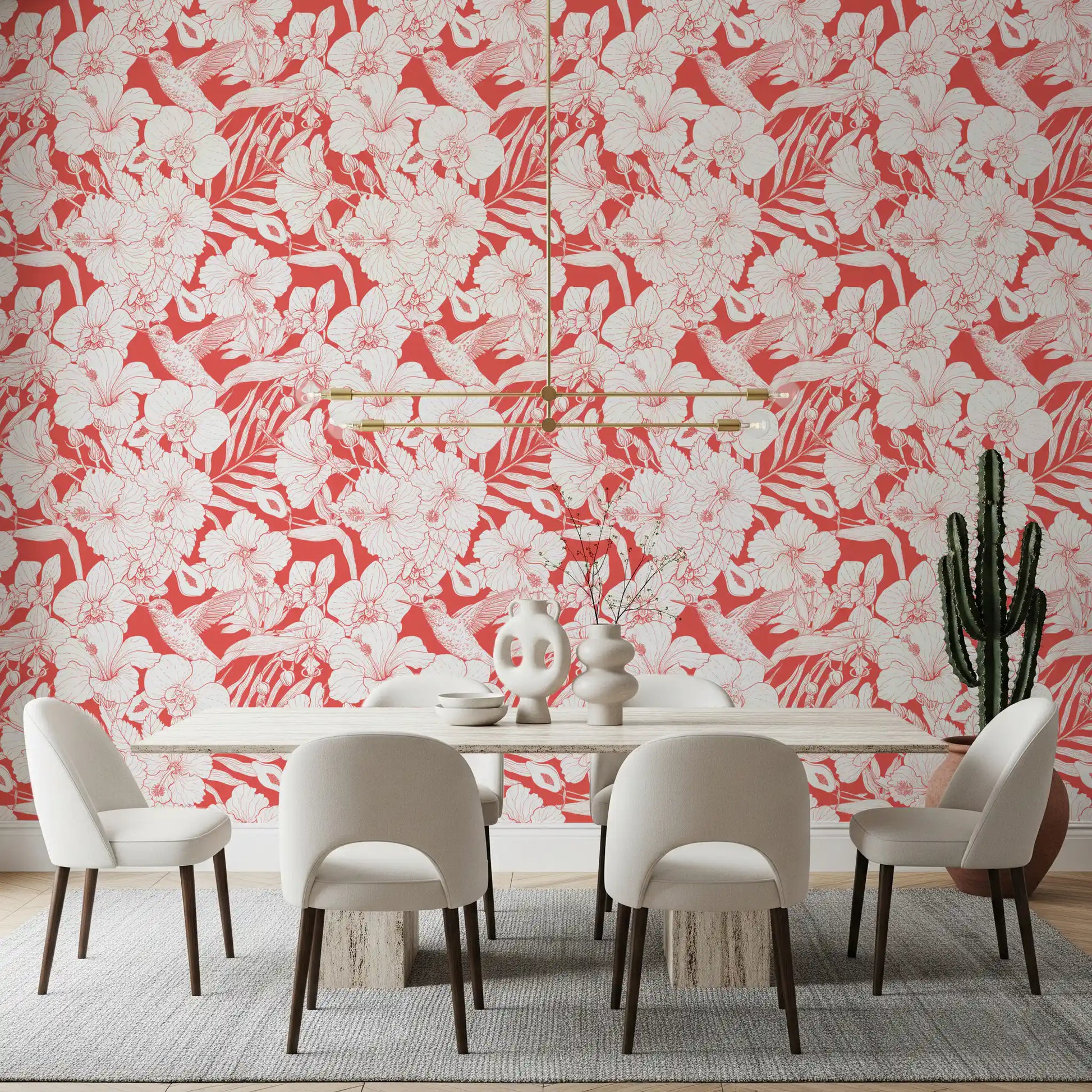 Dining room Tropical Florals wallpaper with Hummingbird and coral Summer Botanical line art