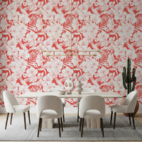 Dining room Tropical Florals wallpaper with Hummingbird and coral Summer Botanical line art