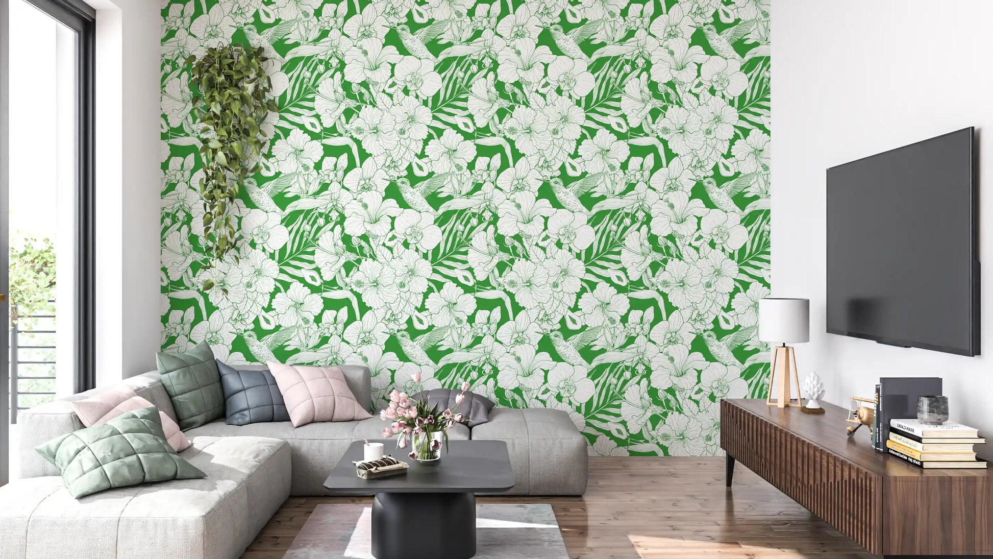 Living room Tropical Florals wallpaper with Hummingbird and green garden linework