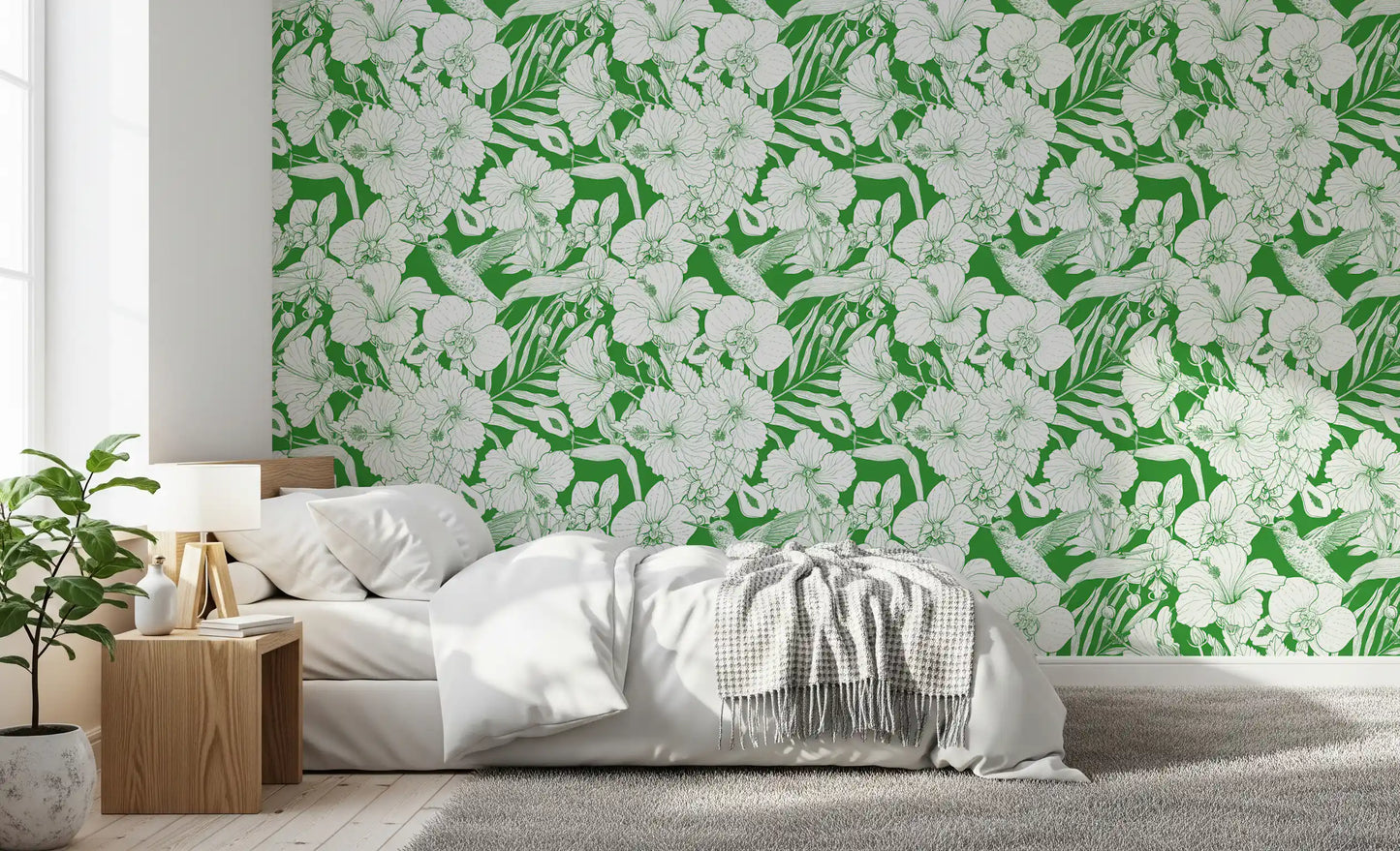 Green hummingbird wallpaper with tropical flower sketches and crisp line detail