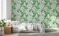 Green hummingbird wallpaper with tropical flower sketches and crisp line detail