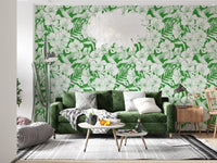 Hummingbird floral wallpaper with hibiscus petals, buds, and leafy stems