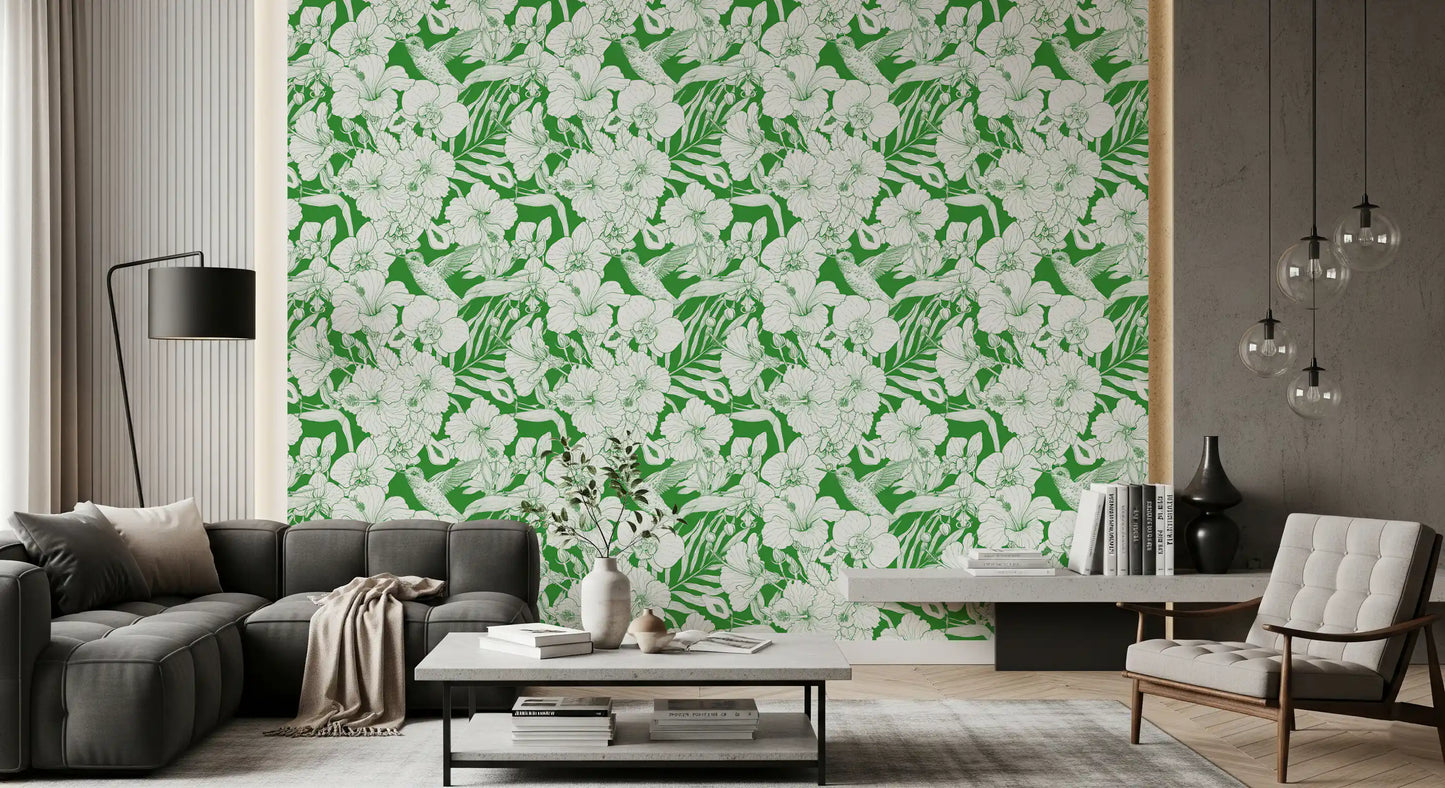 Tropical flower wallpaper featuring white botanical outlines and bird artwork