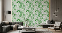Tropical flower wallpaper featuring white botanical outlines and bird artwork