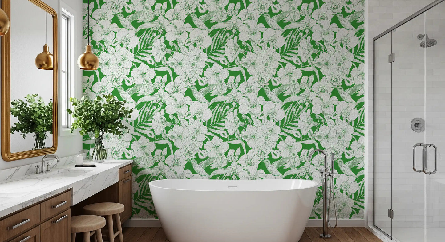 Office room Botanical Garden wallpaper with hummingbird and floral drawing