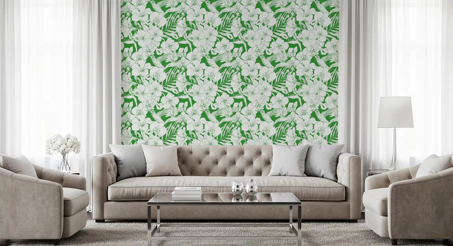 Hallway Summer Botanical Garden wallpaper showing white blooms and bird detail