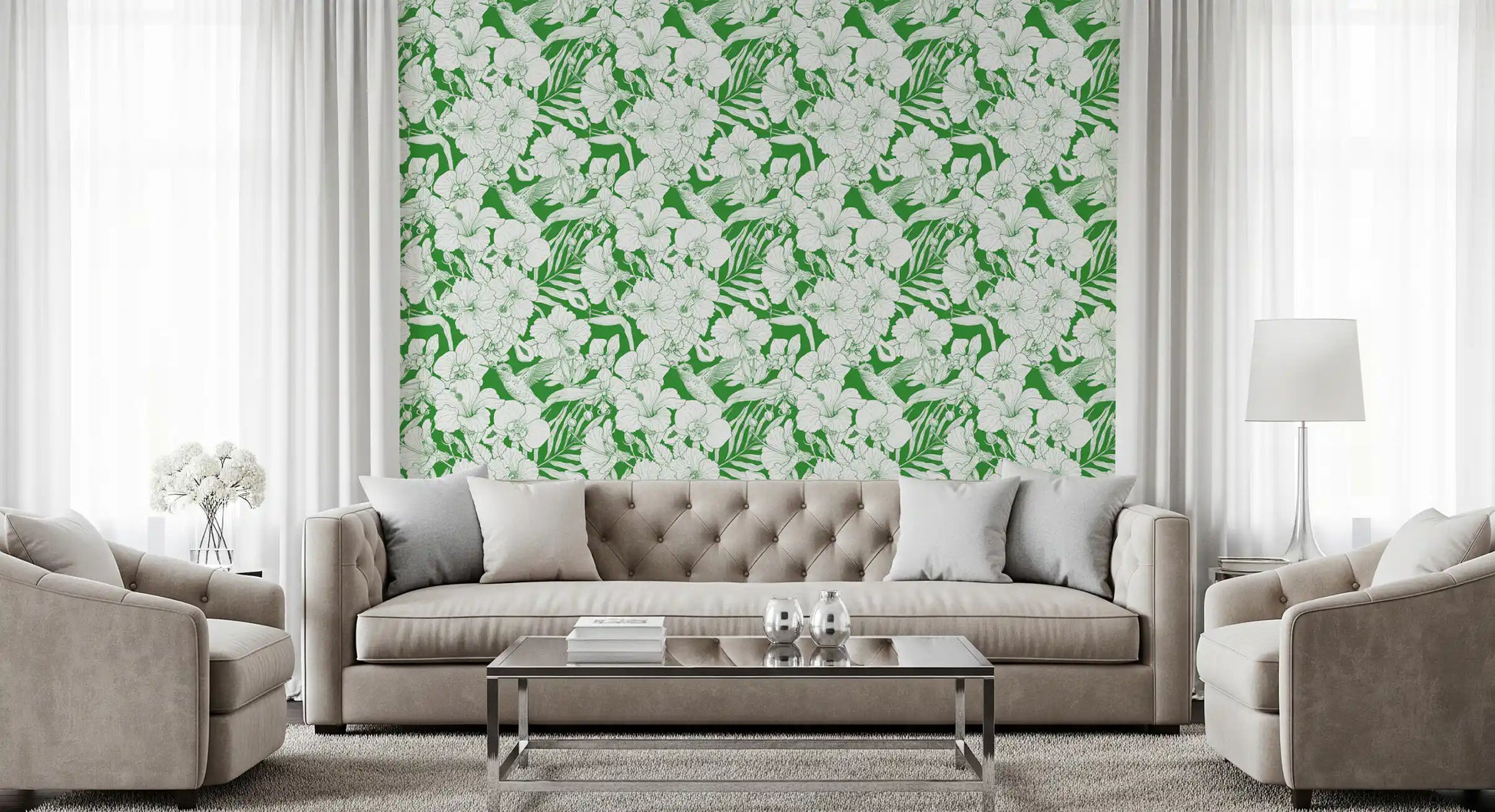 Hallway Summer Botanical Garden wallpaper showing white blooms and bird detail