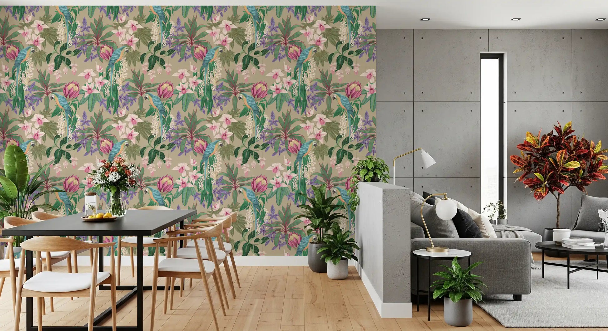 Tropical Macaw wallpaper with turquoise parrots and pale orchid flowers