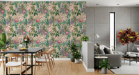 Tropical Macaw wallpaper with turquoise parrots and pale orchid flowers