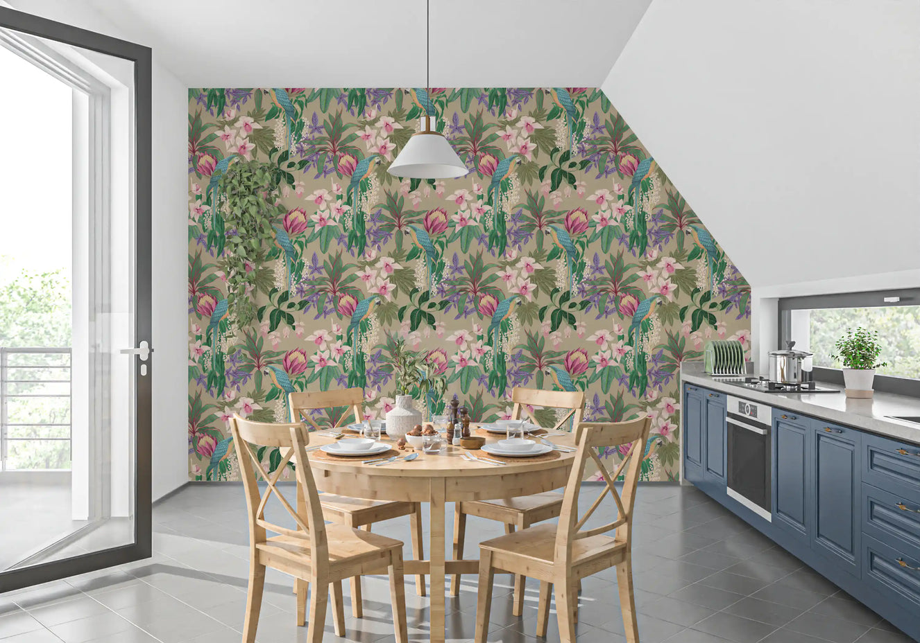 Tropical Macaw & Orchid Bloom  Wallpaper⁠