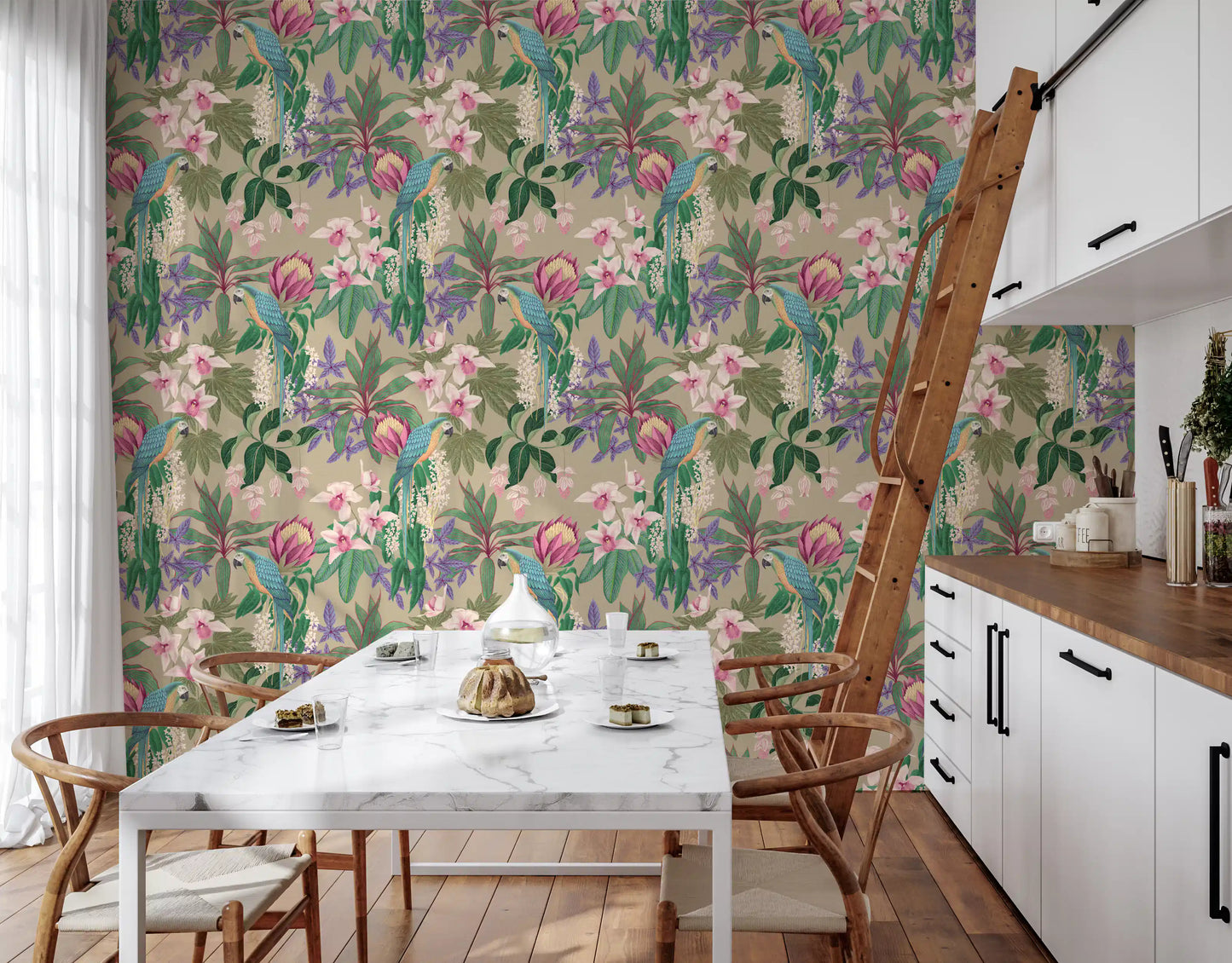 Dining room Macaw Orchid wallpaper featuring beige ground and green leaves