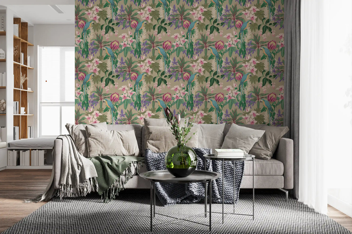 Living room Tropical Macaw wallpaper with Orchid Bloom flowers on beige
