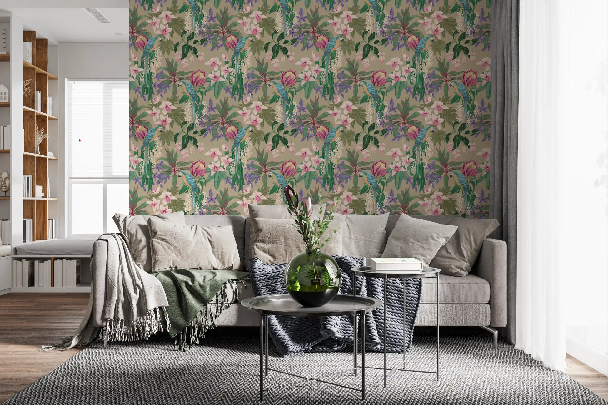 Living room Tropical Macaw wallpaper with Orchid Bloom flowers on beige