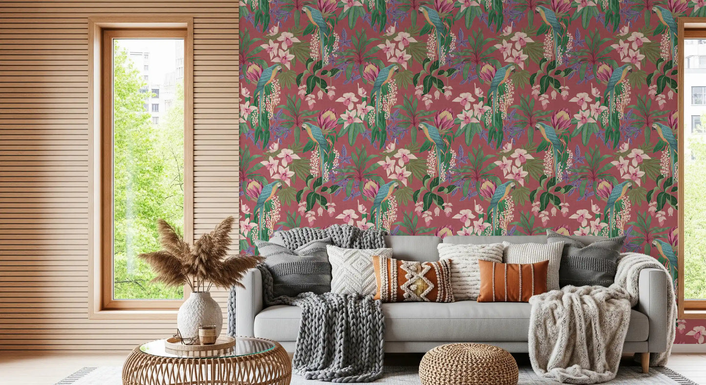 Living room Tropical Macaw & Orchid Bloom wallpaper with leafy pattern