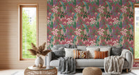 Living room Tropical Macaw & Orchid Bloom wallpaper with leafy pattern