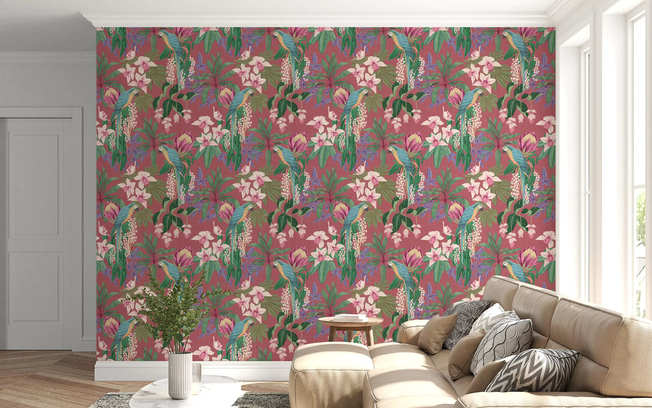 Living room Tropical Macaw wallpaper with Orchid Bloom flowers on pink