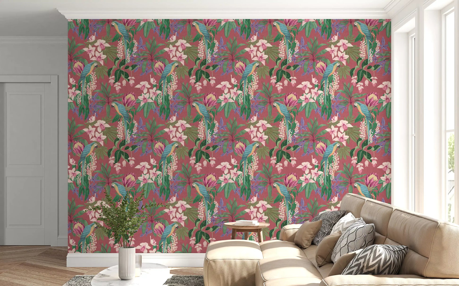 Living room Tropical Macaw wallpaper with Orchid Bloom flowers on pink